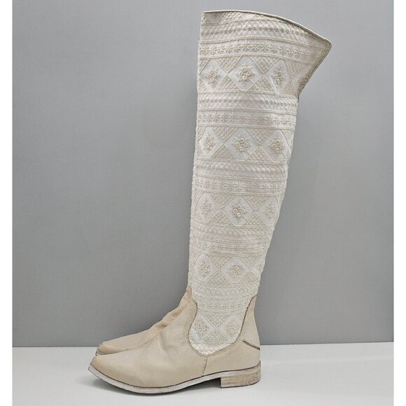 Free People Bren Knee High Boot Womens EU 39 Cream Embroidered Boho Slouchy - Picture 1 of 16